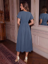 Load image into Gallery viewer, Dark Navy | One Stop Shop Short Sleeve Ruffle V-Neck A-Line Midi Non-Stretch Wedding Guest Dresses-Dark Navy