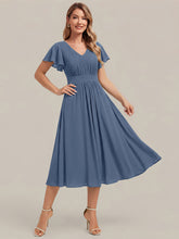 Load image into Gallery viewer, Dark Navy | One Stop Shop Short Sleeve Ruffle V-Neck A-Line Midi Non-Stretch Wedding Guest Dresses-Dark Navy