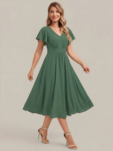 Load image into Gallery viewer, Eucalyptus | One Stop Shop Short Sleeve Ruffle V-Neck A-Line Midi Non-Stretch Wedding Guest Dresses-Eucalyptus