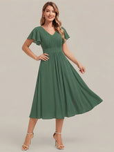 Load image into Gallery viewer, Eucalyptus | One Stop Shop Short Sleeve Ruffle V-Neck A-Line Midi Non-Stretch Wedding Guest Dresses-Eucalyptus