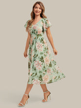 Load image into Gallery viewer, Light Green Floral | One Stop Shop Short Sleeve Ruffle V-Neck A-Line Midi Non-Stretch Wedding Guest Dresses-Light Green Floral