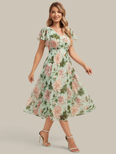 Load image into Gallery viewer, Light Green Floral | One Stop Shop Short Sleeve Ruffle V-Neck A-Line Midi Non-Stretch Wedding Guest Dresses-Light Green Floral