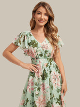 Load image into Gallery viewer, Light Green Floral | One Stop Shop Short Sleeve Ruffle V-Neck A-Line Midi Non-Stretch Wedding Guest Dresses-Light Green Floral