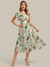 Load image into Gallery viewer, Light Green Floral | One Stop Shop Short Sleeve Ruffle V-Neck A-Line Midi Non-Stretch Wedding Guest Dresses-Light Green Floral
