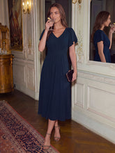 Load image into Gallery viewer, Navy Blue | One Stop Shop Short Sleeve Ruffle V-Neck A-Line Midi Non-Stretch Wedding Guest Dresses-Navy Blue