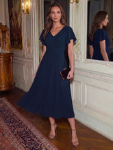 Load image into Gallery viewer, Navy Blue | One Stop Shop Short Sleeve Ruffle V-Neck A-Line Midi Non-Stretch Wedding Guest Dresses-Navy Blue