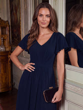 Load image into Gallery viewer, Navy Blue | One Stop Shop Short Sleeve Ruffle V-Neck A-Line Midi Non-Stretch Wedding Guest Dresses-Navy Blue