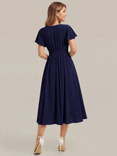 Load image into Gallery viewer, Navy Blue | One Stop Shop Short Sleeve Ruffle V-Neck A-Line Midi Non-Stretch Wedding Guest Dresses-Navy Blue