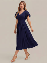 Load image into Gallery viewer, Navy Blue | One Stop Shop Short Sleeve Ruffle V-Neck A-Line Midi Non-Stretch Wedding Guest Dresses-Navy Blue