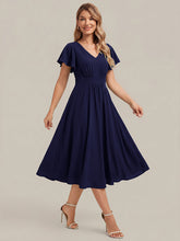 Load image into Gallery viewer, Navy Blue | One Stop Shop Short Sleeve Ruffle V-Neck A-Line Midi Non-Stretch Wedding Guest Dresses-Navy Blue