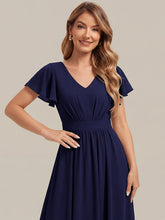 Load image into Gallery viewer, Navy Blue | One Stop Shop Short Sleeve Ruffle V-Neck A-Line Midi Non-Stretch Wedding Guest Dresses-Navy Blue