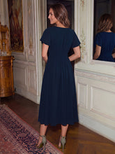 Load image into Gallery viewer, Navy Blue | One Stop Shop Short Sleeve Ruffle V-Neck A-Line Midi Non-Stretch Wedding Guest Dresses-Navy Blue