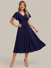 Load image into Gallery viewer, Navy Blue | One Stop Shop Short Sleeve Ruffle V-Neck A-Line Midi Non-Stretch Wedding Guest Dresses-Navy Blue
