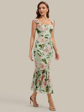 Load image into Gallery viewer, Color=Light Green Floral | Industrial Use Sleeveless Sweetheart Neck Fishtail Pleated Midi Wedding Guest Dress-Light Green Floral 9