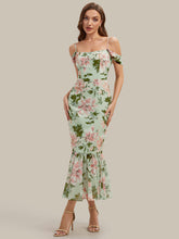 Load image into Gallery viewer, Color=Light Green Floral | Industrial Use Sleeveless Sweetheart Neck Fishtail Pleated Midi Wedding Guest Dress-Light Green Floral 10