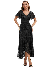 Load image into Gallery viewer, Black | One Stop Shop Short Sleeve Ruffle Sequin V-Neck High-Low Wedding Guest Dresses-Black
