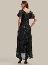 Load image into Gallery viewer, Black | One Stop Shop Short Sleeve Ruffle Sequin V-Neck High-Low Wedding Guest Dresses-Black