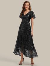 Load image into Gallery viewer, Black | One Stop Shop Short Sleeve Ruffle Sequin V-Neck High-Low Wedding Guest Dresses-Black