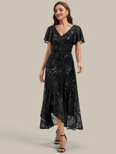 Load image into Gallery viewer, Black | One Stop Shop Short Sleeve Ruffle Sequin V-Neck High-Low Wedding Guest Dresses-Black