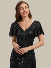 Load image into Gallery viewer, Black | One Stop Shop Short Sleeve Ruffle Sequin V-Neck High-Low Wedding Guest Dresses-Black