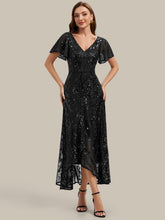 Load image into Gallery viewer, Black | One Stop Shop Short Sleeve Ruffle Sequin V-Neck High-Low Wedding Guest Dresses-Black