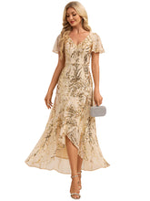 Load image into Gallery viewer, Gold | One Stop Shop Short Sleeve Ruffle Sequin V-Neck High-Low Wedding Guest Dresses-Gold