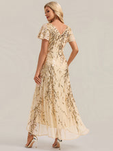 Load image into Gallery viewer, Gold | One Stop Shop Short Sleeve Ruffle Sequin V-Neck High-Low Wedding Guest Dresses-Gold