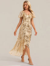Load image into Gallery viewer, Gold | One Stop Shop Short Sleeve Ruffle Sequin V-Neck High-Low Wedding Guest Dresses-Gold