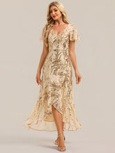 Load image into Gallery viewer, Gold | One Stop Shop Short Sleeve Ruffle Sequin V-Neck High-Low Wedding Guest Dresses-Gold