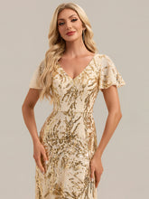 Load image into Gallery viewer, Gold | One Stop Shop Short Sleeve Ruffle Sequin V-Neck High-Low Wedding Guest Dresses-Gold