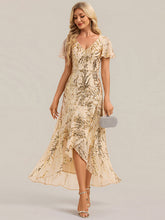 Load image into Gallery viewer, Gold | One Stop Shop Short Sleeve Ruffle Sequin V-Neck High-Low Wedding Guest Dresses-Gold