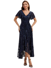 Load image into Gallery viewer, Navy Blue | One Stop Shop Short Sleeve Ruffle Sequin V-Neck High-Low Wedding Guest Dresses-Navy Blue