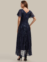 Load image into Gallery viewer, Navy Blue | One Stop Shop Short Sleeve Ruffle Sequin V-Neck High-Low Wedding Guest Dresses-Navy Blue