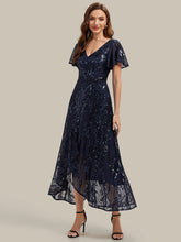 Load image into Gallery viewer, Navy Blue | One Stop Shop Short Sleeve Ruffle Sequin V-Neck High-Low Wedding Guest Dresses-Navy Blue