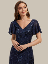 Load image into Gallery viewer, Navy Blue | One Stop Shop Short Sleeve Ruffle Sequin V-Neck High-Low Wedding Guest Dresses-Navy Blue