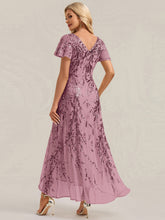 Load image into Gallery viewer, Purple Orchid | One Stop Shop Short Sleeve Ruffle Sequin V-Neck High-Low Wedding Guest Dresses-Purple Orchid