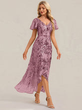 Load image into Gallery viewer, Purple Orchid | One Stop Shop Short Sleeve Ruffle Sequin V-Neck High-Low Wedding Guest Dresses-Purple Orchid