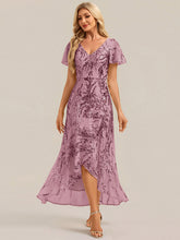 Load image into Gallery viewer, Purple Orchid | One Stop Shop Short Sleeve Ruffle Sequin V-Neck High-Low Wedding Guest Dresses-Purple Orchid