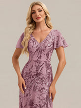 Load image into Gallery viewer, Purple Orchid | One Stop Shop Short Sleeve Ruffle Sequin V-Neck High-Low Wedding Guest Dresses-Purple Orchid