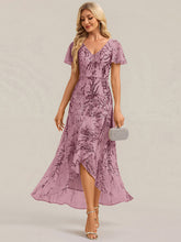 Load image into Gallery viewer, Purple Orchid | One Stop Shop Short Sleeve Ruffle Sequin V-Neck High-Low Wedding Guest Dresses-Purple Orchid