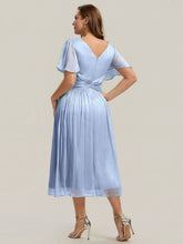 Load image into Gallery viewer, Color=Dusty Blue | Factory Design Short Sleeve Ruffle V-Neck A-Line Tea Length Wedding Guest Dresses-Dusty Blue 7