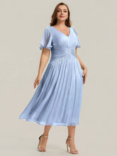 Load image into Gallery viewer, Color=Dusty Blue | Factory Design Short Sleeve Ruffle V-Neck A-Line Tea Length Wedding Guest Dresses-Dusty Blue 9