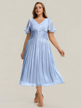 Load image into Gallery viewer, Color=Dusty Blue | Factory Design Short Sleeve Ruffle V-Neck A-Line Tea Length Wedding Guest Dresses-Dusty Blue 10