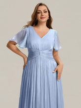 Load image into Gallery viewer, Color=Dusty Blue | Factory Design Short Sleeve Ruffle V-Neck A-Line Tea Length Wedding Guest Dresses-Dusty Blue 8