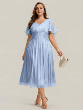 Load image into Gallery viewer, Color=Dusty Blue | Factory Design Short Sleeve Ruffle V-Neck A-Line Tea Length Wedding Guest Dresses-Dusty Blue 6