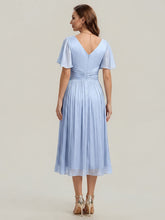 Load image into Gallery viewer, Color=Dusty Blue | Factory Design Short Sleeve Ruffle V-Neck A-Line Tea Length Wedding Guest Dresses-Dusty Blue 2