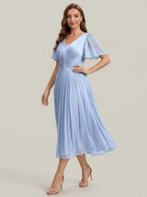 Load image into Gallery viewer, Color=Dusty Blue | Factory Design Short Sleeve Ruffle V-Neck A-Line Tea Length Wedding Guest Dresses-Dusty Blue 4
