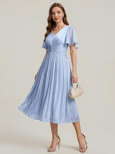 Load image into Gallery viewer, Color=Dusty Blue | Factory Design Short Sleeve Ruffle V-Neck A-Line Tea Length Wedding Guest Dresses-Dusty Blue 5