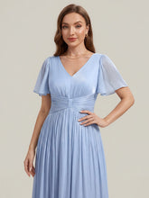 Load image into Gallery viewer, Color=Dusty Blue | Factory Design Short Sleeve Ruffle V-Neck A-Line Tea Length Wedding Guest Dresses-Dusty Blue 3