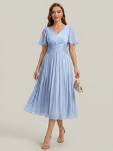 Load image into Gallery viewer, Color=Dusty Blue | Factory Design Short Sleeve Ruffle V-Neck A-Line Tea Length Wedding Guest Dresses-Dusty Blue 1